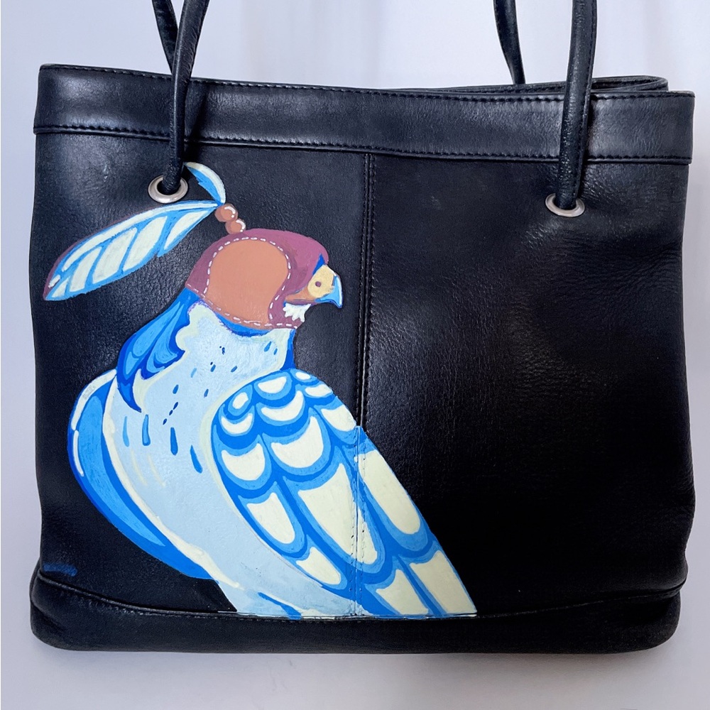 Black leather Tote Bag with Blue falcon bird Design